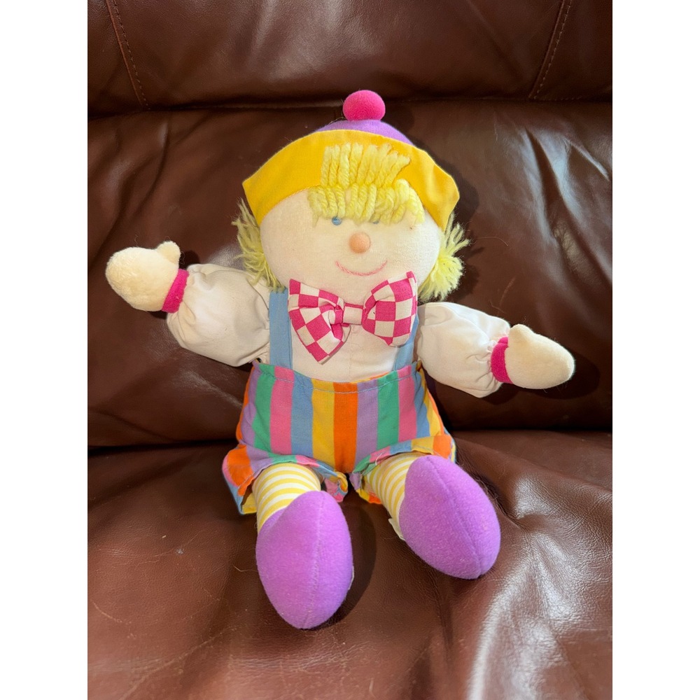 Vintage Eden Musical Wind Up Clown Plush Rainbow Striped Fabric Toy Lullaby
